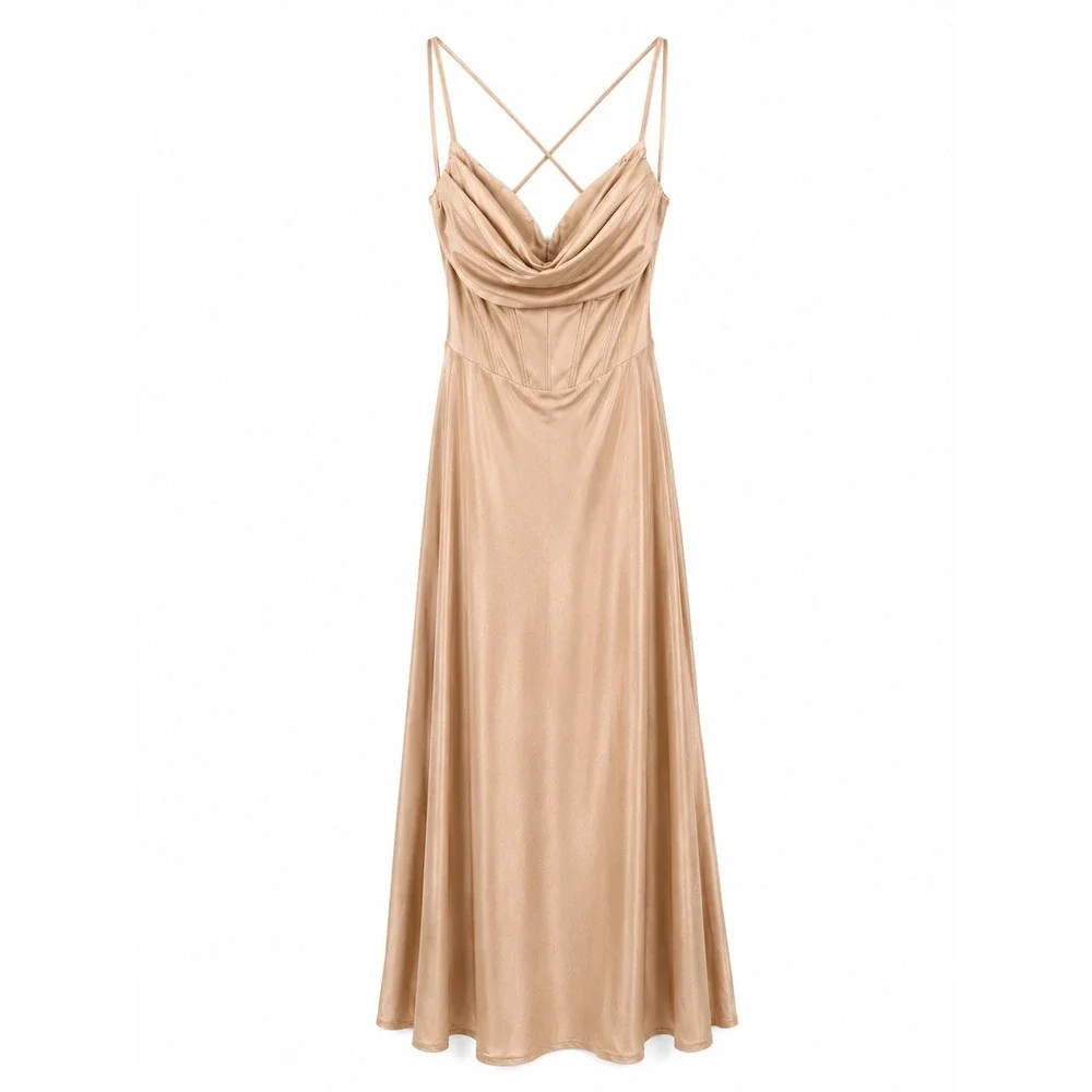 Windsor Champagne Satin Cowl Neck Corset Midi Dress M Cross Back Formal